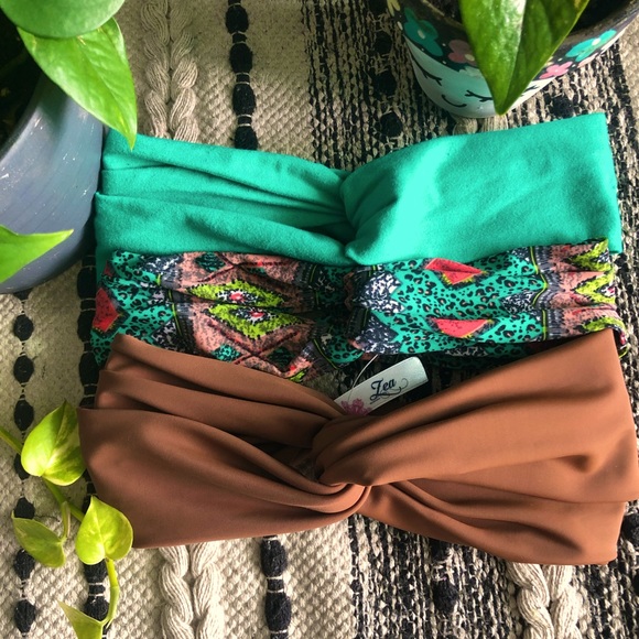 stretch twisted Headbands (3 set ) green, brown and bohemian printed lycra - Picture 1 of 3